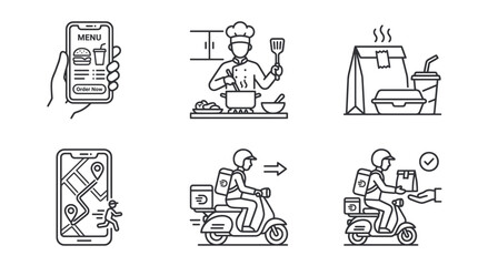 Fototapeta premium Food Delivery Service Icons: Mobile Ordering, Chef, Takeaway, and Delivery