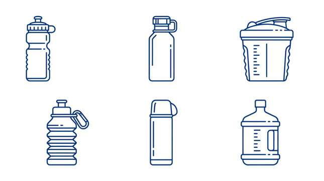 Collection of Water Bottles Icons - Various Types for Hydration and Fitness