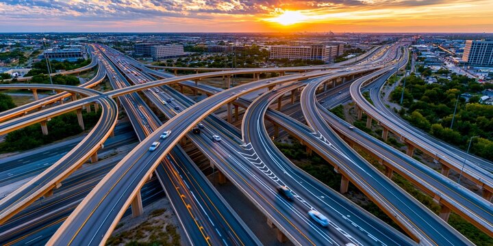 Spectacular freeway crossroads at dusk, with winding elevated roads and glowing sunset clouds over the city.