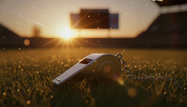 A close-up of a metallic sports whistle resting on the grass of an empty stadium field at sunset with lens flare.