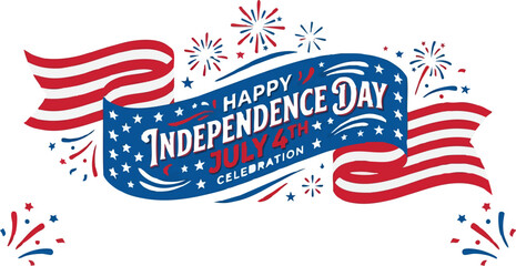 Obraz premium Independence Day banner displays a patriotic American flag ribbon design with celebratory fireworks for the fourth of July.