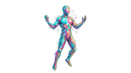 Vibrant Geometric Human Figure with Arms Raised, Abstract Body Art, White Background © din