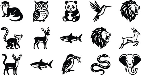 Collection of various wild animal icons in a minimalist black and white style. © buggy