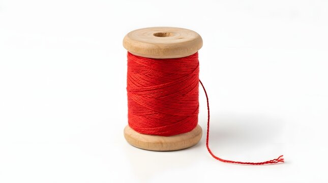 Red thread wound around a wooden spool on a white background
