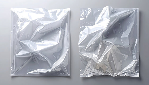 Two empty crumpled transparent plastic bags isolated on grey background, packaging mockups
