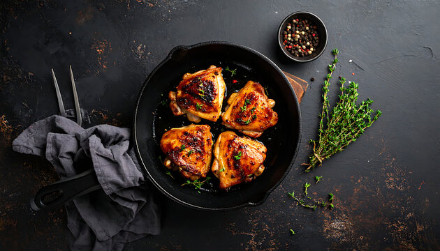 Roasted chicken thighs with glaze in cast iron skillet, gourmet home cooking, culinary photography, delicious meal preparation, rustic dark table setting