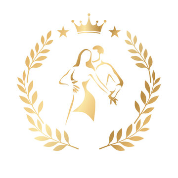 Stylized partner dance emblem featuring an elegant dancing couple surrounded by a laurel wreath. Ideal for dance schools, dance academies, ballroom and latin dance studios, salsa and bachata festivals