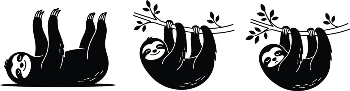 Black and white sloth vector illustrations showing playful animal poses on tree branches for wildlife, nature, and design projects