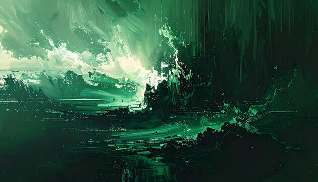 Abstract dark green digital landscape with glitch texture, pixelated forest light