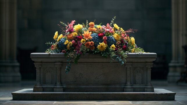 Symmetrically composed stone altar with vibrant flowers crisply detailed against a dim unfocused stone backdrop evoking calm reverence in muted natural lowlight settings.