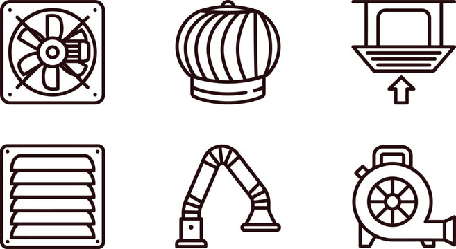 Set of outline ventilation system icons featuring fans vents and ducts ideal for HVAC design and industrial applications