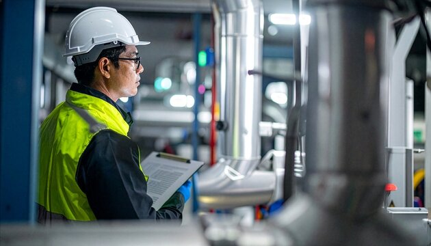 Focused Asian engineering specialist holding digital tablet monitoring automated factory infrastructure layouts .