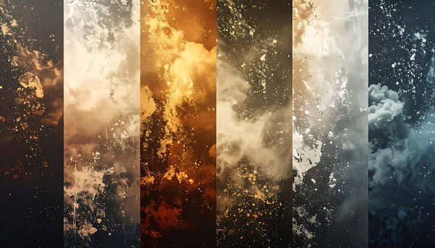 Set of vertical textured banners with cosmic dust and nebula clouds, sparkling particles, celestial atmosphere, fantasy background, ethereal light effects
