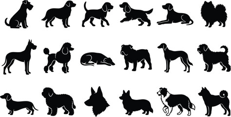 Obraz premium Collection of various dog breed silhouettes isolated on white background.