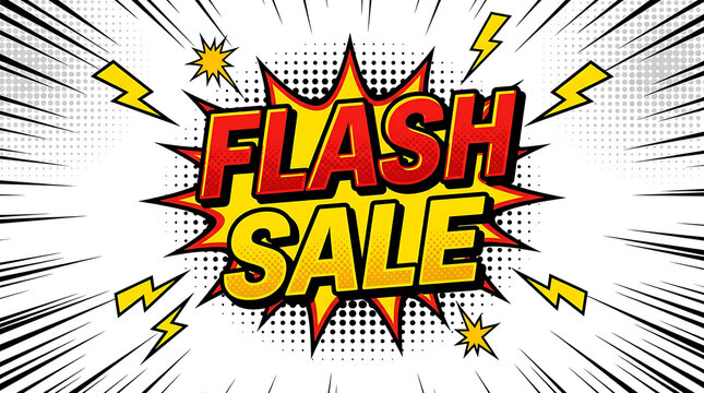 Vibrant comic book style flash sale sign with lightning bolts