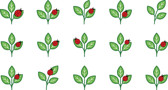 Set of hand drawn green leaves with red ladybugs on white background.