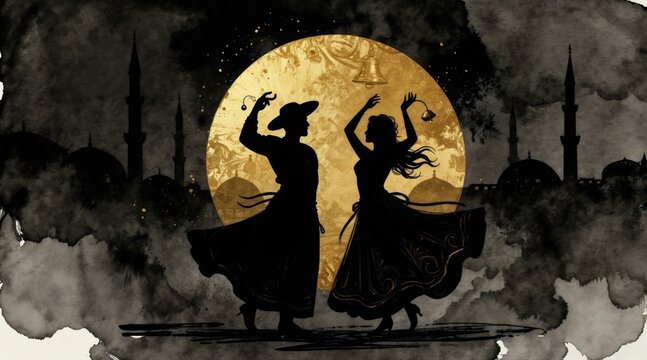Silhouettes of dervish dancers spin with bells against golden moon and mosque background. Mystic Sufi whirling in ritual ceremony with black watercolor art. Spiritual trance dance illustration.