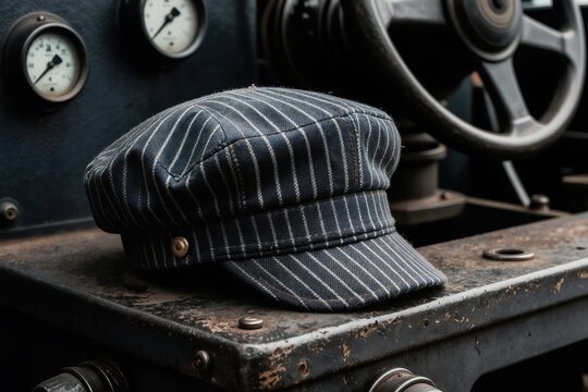 Vintage striped engineer cap sits on rough metal surface near machine gauges and steering wheel. Old workwear apparel accessory evokes industrial history and transport jobs.