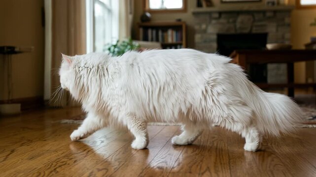 A fluffy white Persian cat with long fur and a bushy tail walks across a polished wooden floor in a sunlit living room with a fireplace and sofa in the background a domestic pet in a home setting
