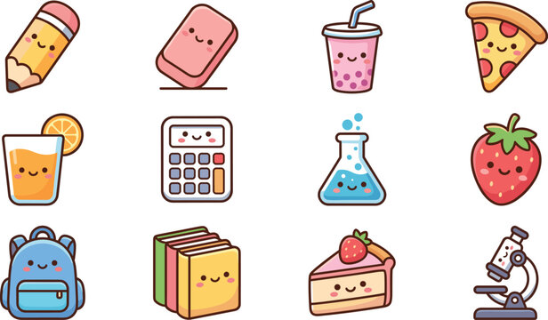 Set of cute kawaii school and food themed cartoon icon illustrations.