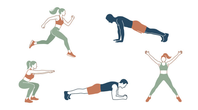Outdoor Fitness Poses Vector Sheet with Running Woman, Push-up Man, Squat, Plank and Jumping Jack in Clean Organized Flat Design on White Background for Dynamic Active Lifestyle and Outdoor Workout Co