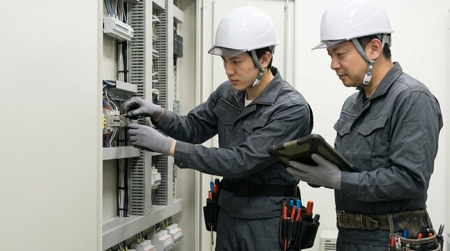 制御盤内の結線作業を行う若手電気工事士とタブレットで確認・指導する現場監督