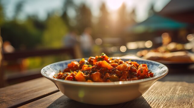 Chakalaka on picnic table in sunny outdoor gathering, vibrant vegetable relish with natural daylight, relaxed summer atmosphere and casual communal dining scene.