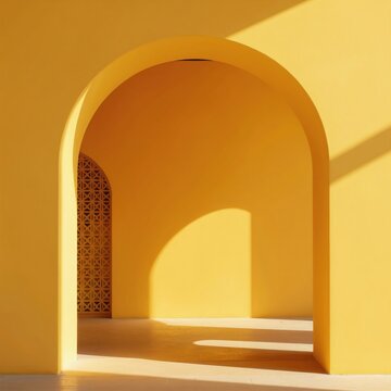 Bright yellow interior with large archway, ornamental window. Warm sunlight creates geometric shadows on floor, wall. Modern architectural space offers peaceful, inviting ambience. Vibrant color