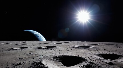 Fototapeta premium View from lunar surface shows Earth and bright sun in dark starry sky. Moon craters foreground ground. Space exploration scene. Cosmic background.
