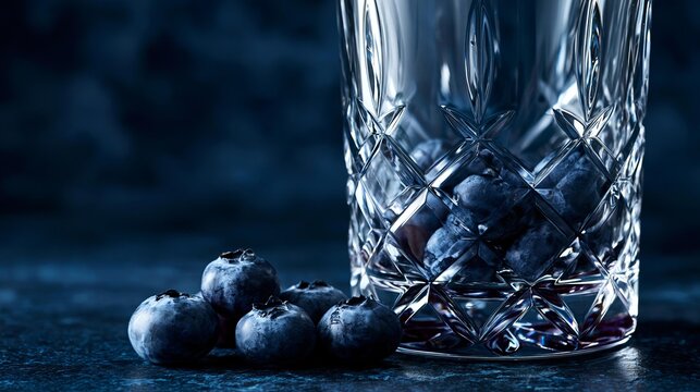 Crystal glass filled with fresh blueberries beside scattered berries on dark surface. Refreshing summer fruit beverage preparation concept. Elegant dark moody presentation