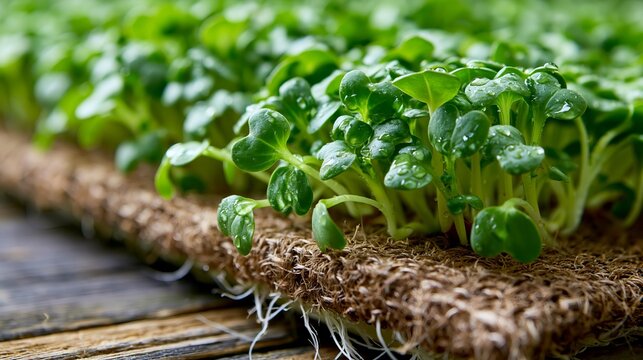 Microgreens sprouts growing in organic fiber matting. Root system visible with water droplets on fresh green leaves. Healthy food cultivation and sustainable agriculture concept