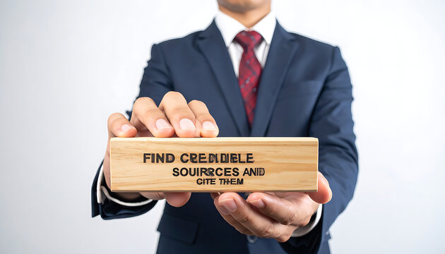 Businessman holding wooden block with text finding credible sources for research