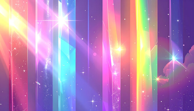 vibrant vertical rainbow light streaks with sparkling stars, glowing prismatic flares, colorful spectrum background, shimmering digital fantasy texture