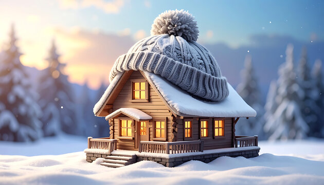 Cozy rustic wooden cabin wearing oversized knitted winter beanie hat in snowy landscape during golden hour sunset light