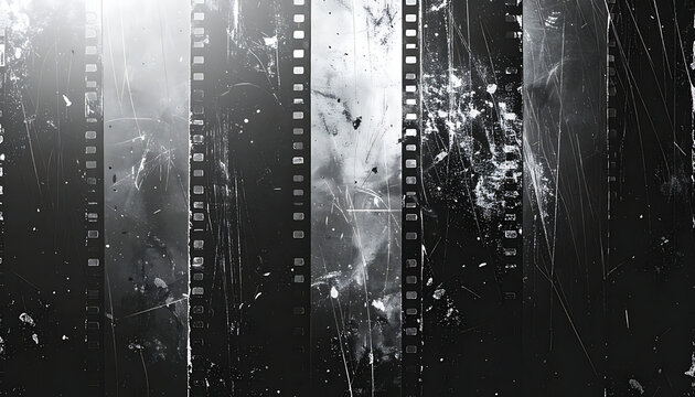 Vintage film strip overlay with heavy dust, scratches, grain, and light leaks for cinematic texture effects