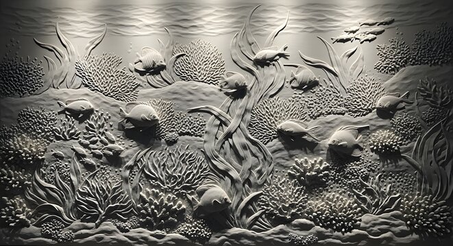 Detailed Bas Relief Sculpture of a Vibrant Coral Reef Ecosystem with Various Fish Species