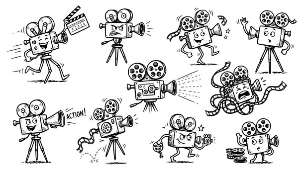 Funny Hand Drawn Movie Cameras in Playful Poses Ink Sketch Vector Collection