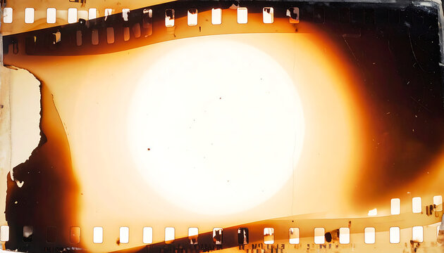 Vintage film strip overlay with intense light leaks and heavy dust textures for authentic retro cinematic editing effects