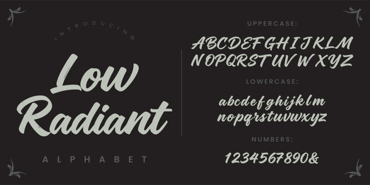 Low Radiant font alphabet set with soft glowing uppercase lowercase and numeric typography design
