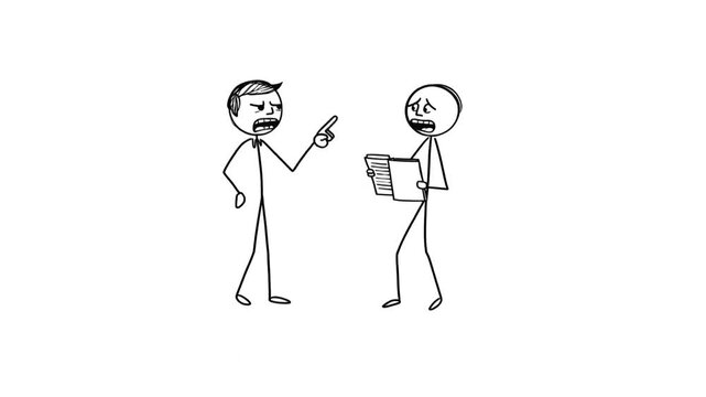 Angry stickman Boss Scolding Employee Holding Documents