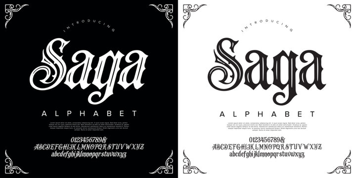 Saga font alphabet set featuring epic historical uppercase lowercase and numeric typography styles