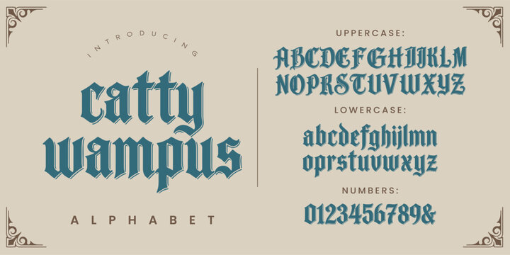Catty Wampus font alphabet set with quirky vintage serif characters and numeric typography design