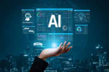 Obraz premium Futuristic Hand Holding AI Technology Interface with Data Analytics, Charts, and Visualizations Over Cityscape Background for Innovation and Research Sigmoid