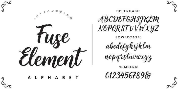 Fuse Element font alphabet set with dynamic brush stroke style characters and numeric typography
