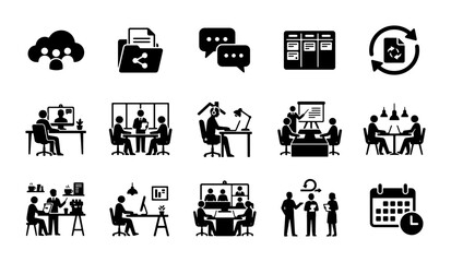 Fototapeta premium Modern business icons set, 15 black vector pictograms for office workflow and teamwork, corporate communication and project management symbols
