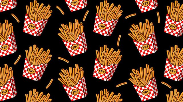 Seamless pattern featuring crispy French fries in red and white checkered cartons on a black background. Fun fast food theme perfect for snack, restaurant, street food, menu, and food footage.