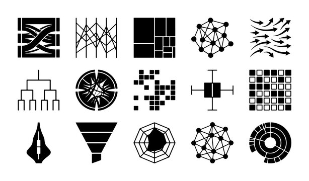 Data visualization icon set, 15 black infographic chart symbols, abstract geometric analytics vector elements for business reports and dashboards