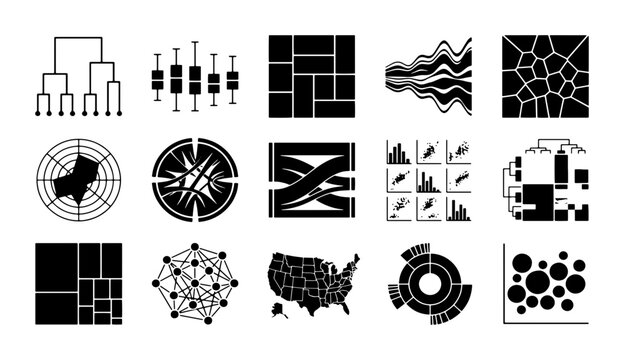 Data visualization icon set, 15 black and white infographic charts and graphs, professional business analytics vector elements for reports
