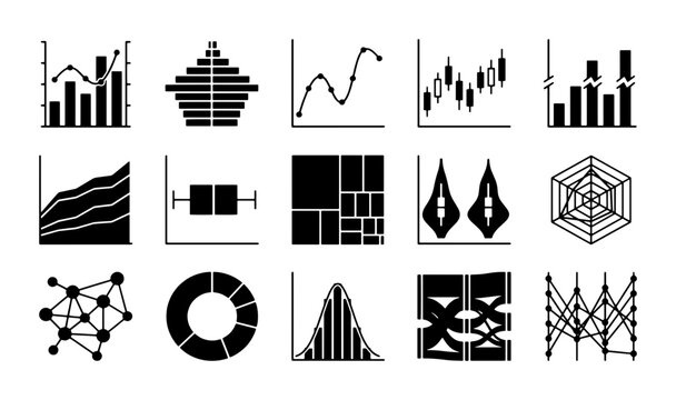 Minimalist data visualization icon set, 15 black solid vector charts and graphs, professional business analytics infographic elements for reports
