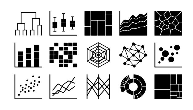 Data visualization icon set, 15 black infographic chart symbols, professional business analytics vector elements for dashboard design